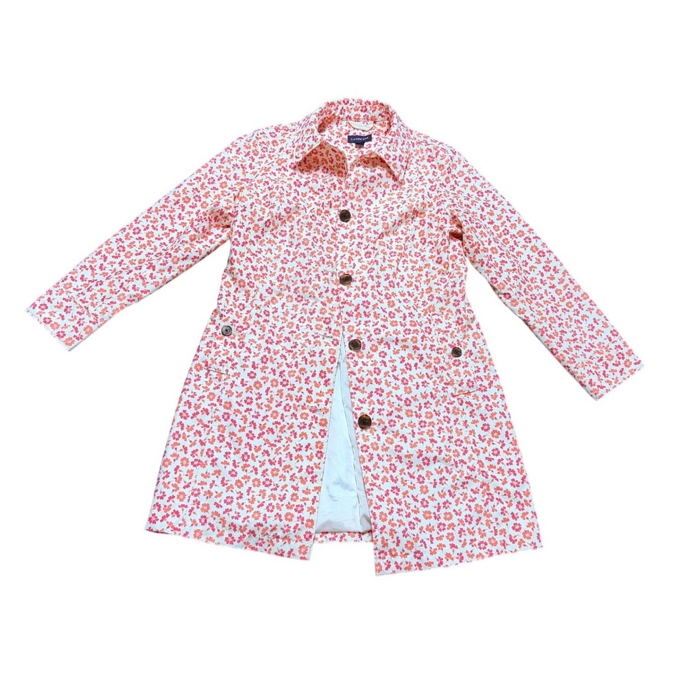 Lands End Floral Trench Coat Womens Orange Pink Flower Button Front Jacket M